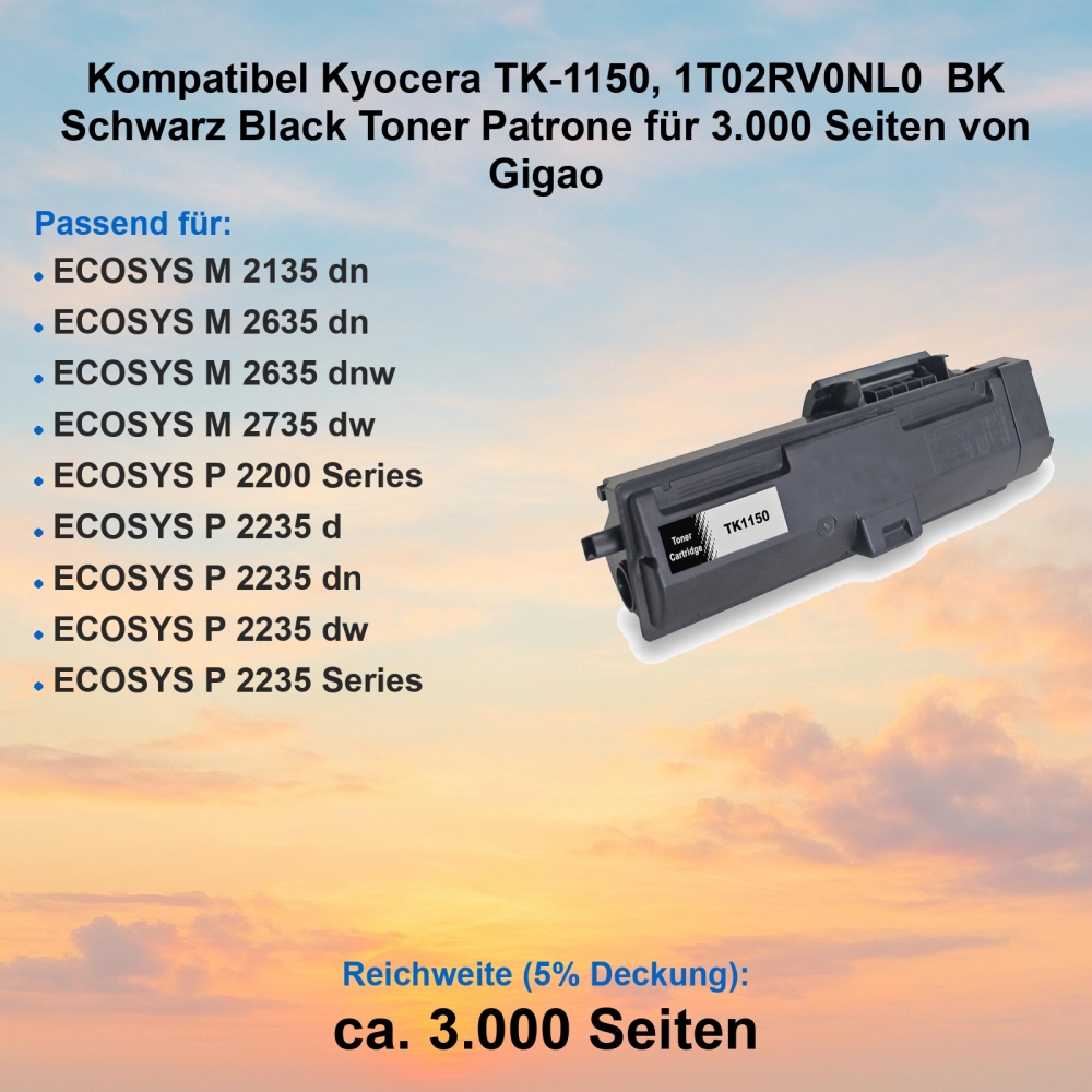 Kompatibel Kyocera TK-1150, 1T02RV0NL0  BK Schwarz Black Toner Patrone für 3.000 Seiten von Gigao