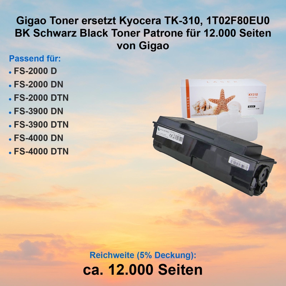 Gigao Toner ersetzt Kyocera TK-310, 1T02F80EU0 BK Schwarz Black Toner Patrone für 12.000 Seiten von Gigao