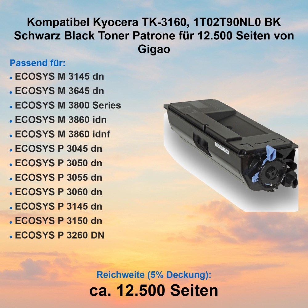 Kompatibel Kyocera TK-3160, 1T02T90NL0 BK Schwarz Black Toner Patrone für 12.500 Seiten von Gigao