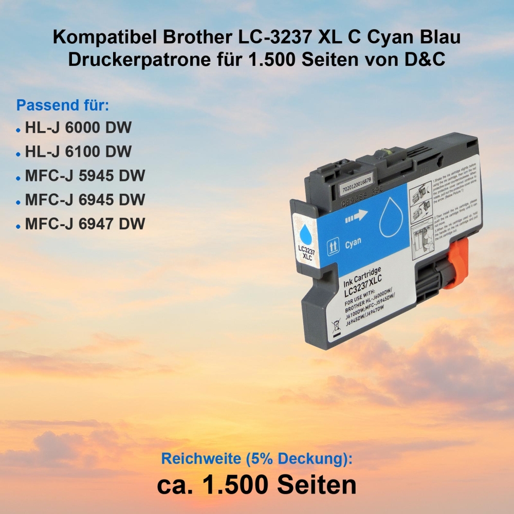 Kompatibel Brother LC-3237 XL C Cyan Blau Druckerpatrone für 1.500 Seiten von D&C