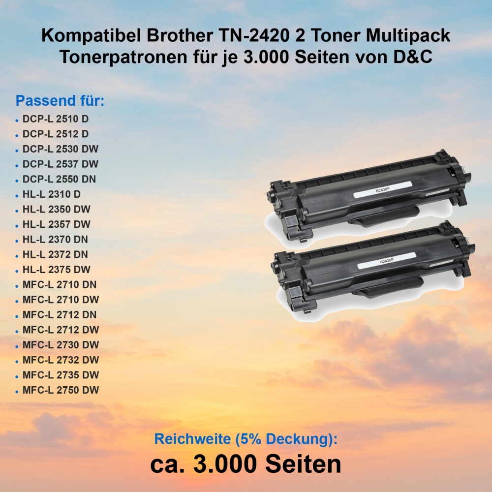 Kompatibel Brother TN-2420 2 Toner Multipack Tonerpatronen für je 3.000 Seiten von D&C