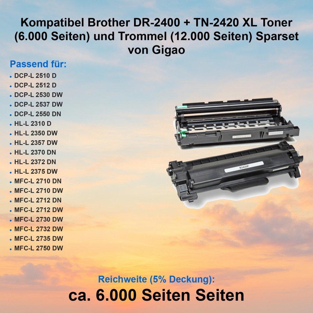 Kompatibel Brother DR-2400 + TN-2420 XL Toner (6.000 Seiten) und Trommel (12.000 Seiten) Sparset von Gigao