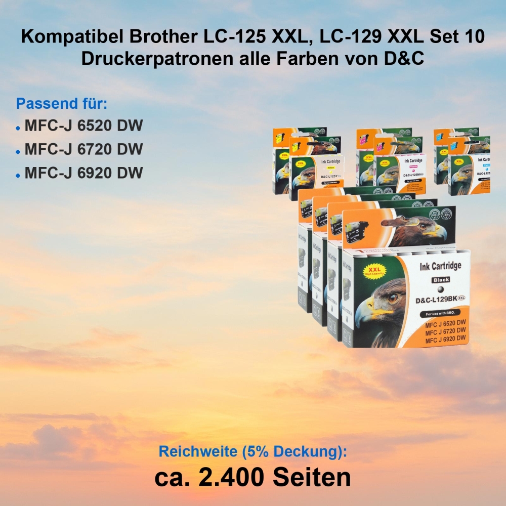 Kompatibel Brother LC-125 XXL, LC-129 XXL Set 10 Druckerpatronen alle Farben von D&C