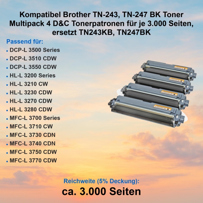 Kompatibel Brother TN-243, TN-247 BK Toner Multipack 4 D&C Tonerpatronen für je 3.000 Seiten, ersetzt TN243KB, TN247BK