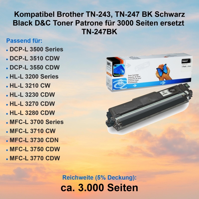 Kompatibel Brother TN-243BK, TN-247BK Schwarz Black D&C Toner Patrone für 3000 Seiten ersetzt  TN-247BK