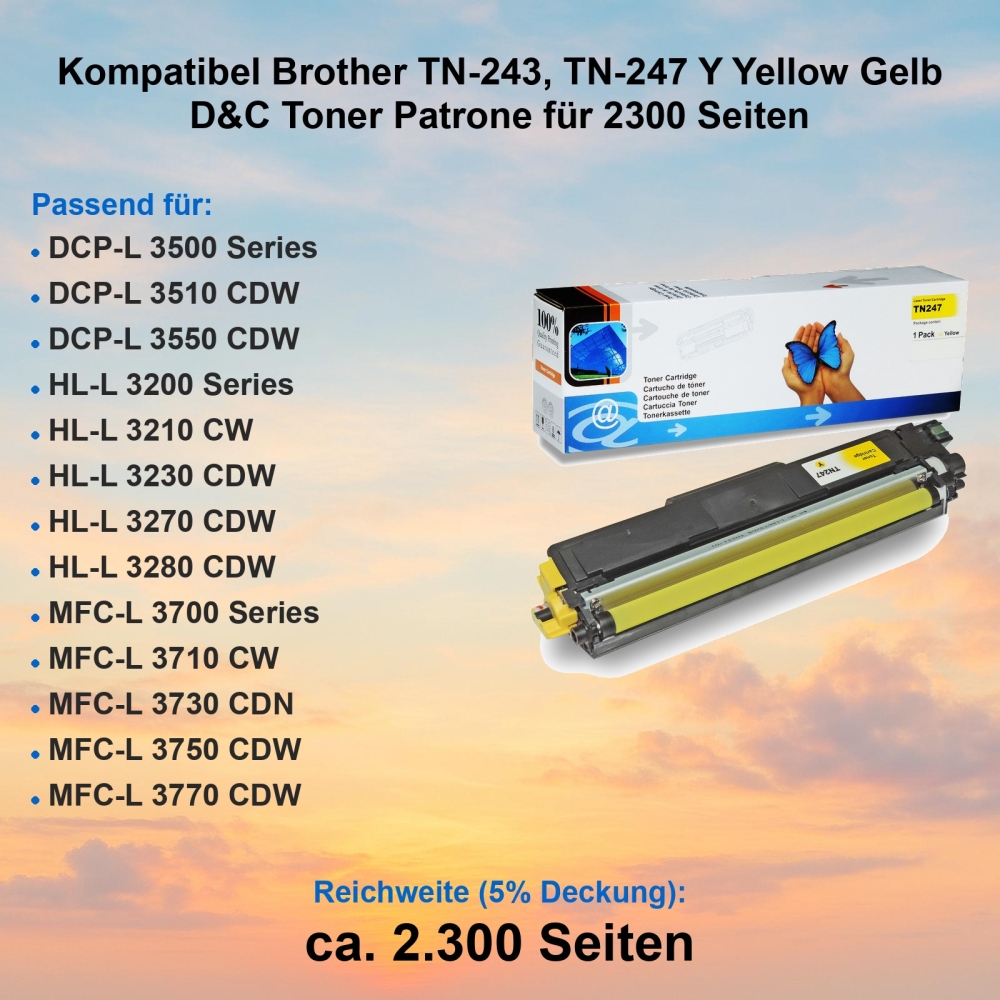 Kompatibel Brother TN-243, TN-247 Y Yellow Gelb D&C Toner Patrone für 2300 Seiten