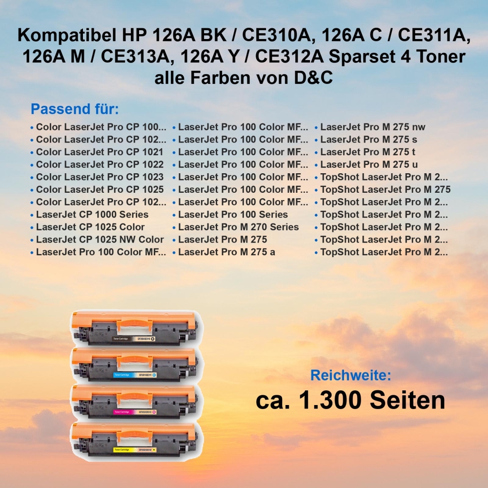 Kompatibel HP 126A BK / CE310A, 126A C / CE311A, 126A M / CE313A, 126A Y / CE312A Sparset 4 Toner alle Farben von D&C