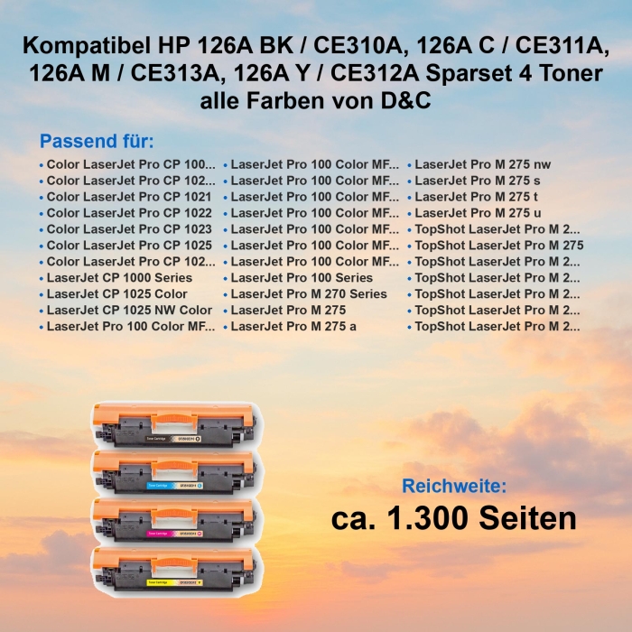Kompatibel HP 126A BK / CE310A, 126A C / CE311A, 126A M / CE313A, 126A Y / CE312A Sparset 4 Toner alle Farben von D&C