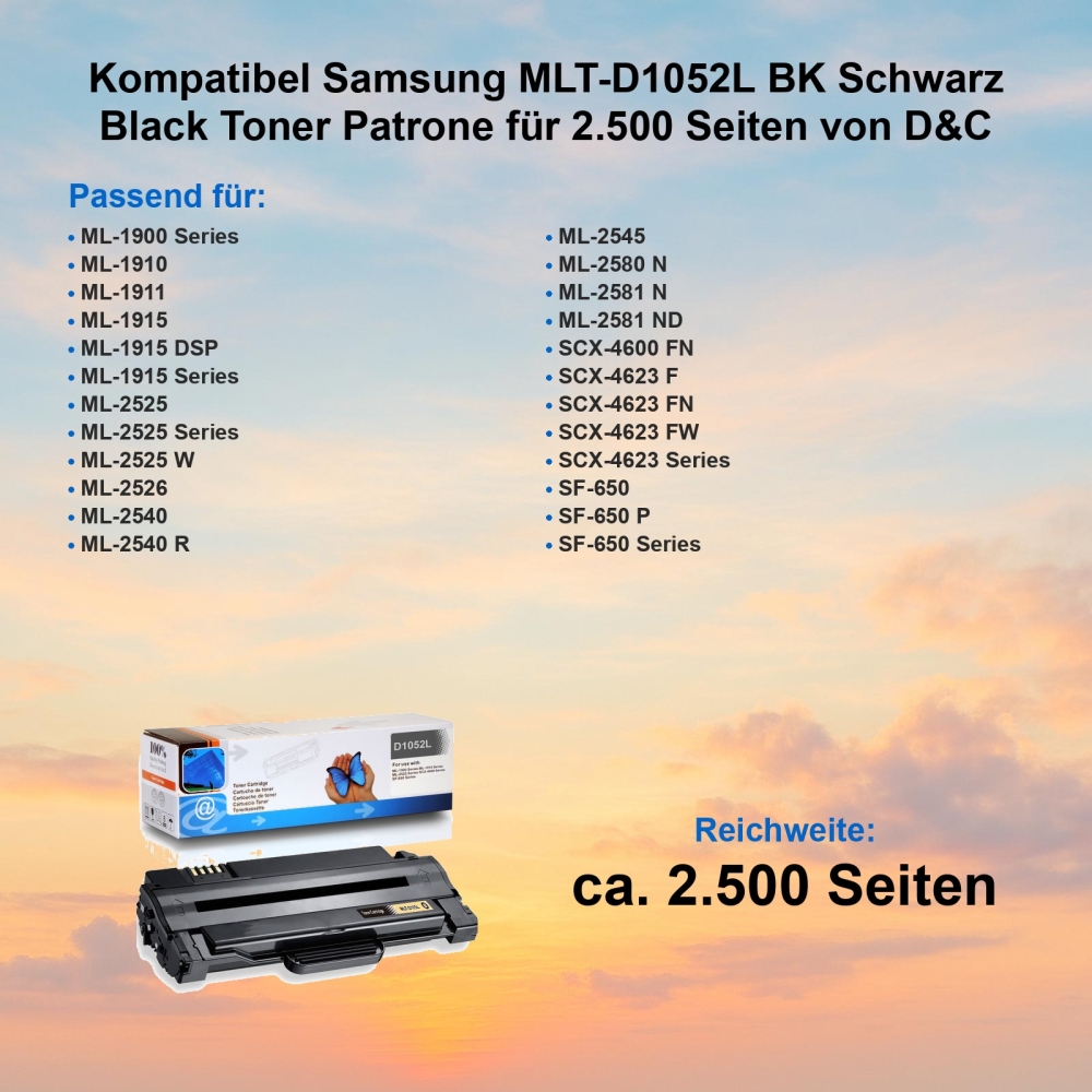 Kompatibel Samsung MLT-D1052L BK Schwarz Black Toner Patrone für 2.500 Seiten von D&C