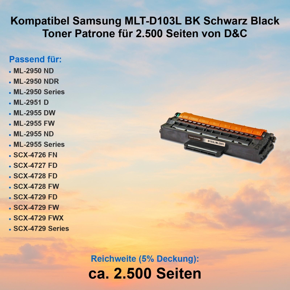 Kompatibel Samsung MLT-D103L BK Schwarz Black Toner Patrone für 2.500 Seiten von D&C