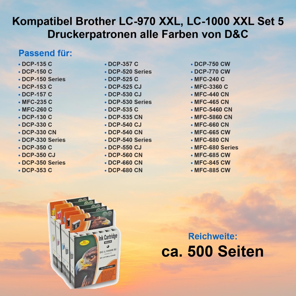 Kompatibel Brother LC-970 XXL, LC-1000 XXL Set 5 Druckerpatronen alle Farben von D&C