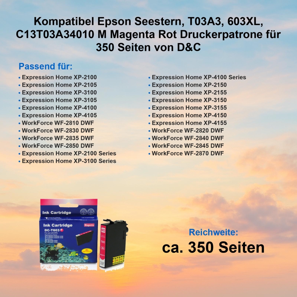 Kompatibel Epson Seestern, T03A3, 603XL, C13T03A34010 M Magenta Rot Druckerpatrone für 350 Seiten von D&C