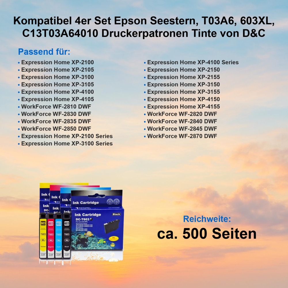 Kompatibel 4er Set Epson Seestern, T03A6, 603XL, C13T03A64010 Druckerpatronen Tinte von D&C
