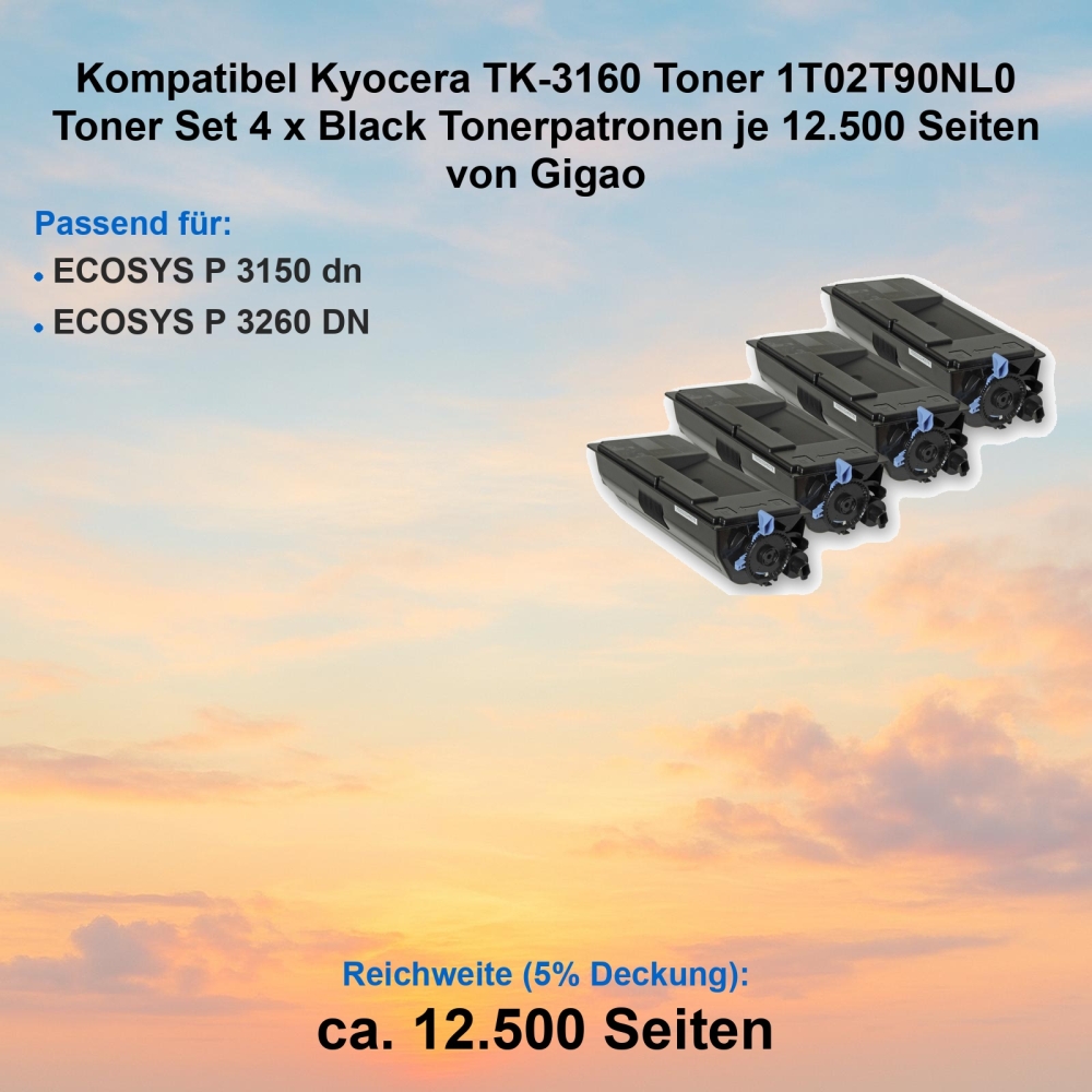Kompatibel Kyocera TK-3160 Toner 1T02T90NL0 Toner Set 4 x Black Tonerpatronen je 12.500 Seiten von Gigao