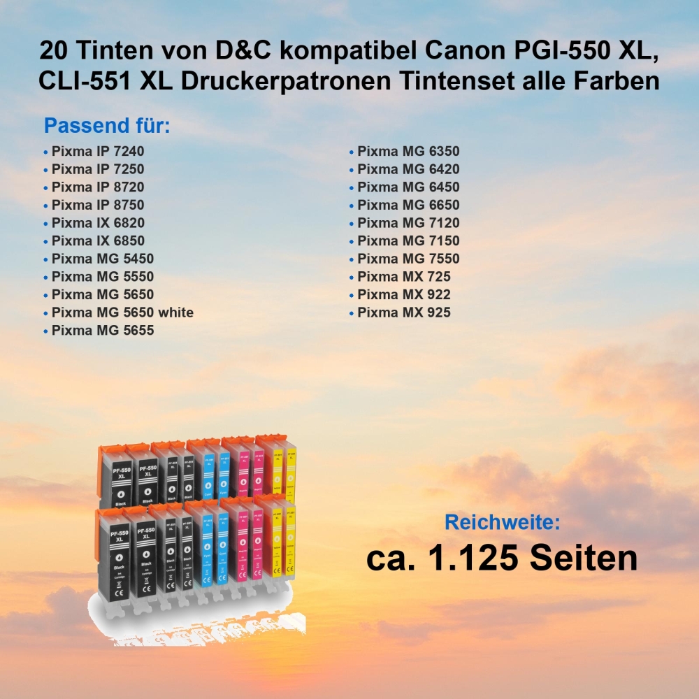 20 Tinten von D&C kompatibel Canon PGI-550 XL, CLI-551 XL Druckerpatronen Tintenset alle Farben