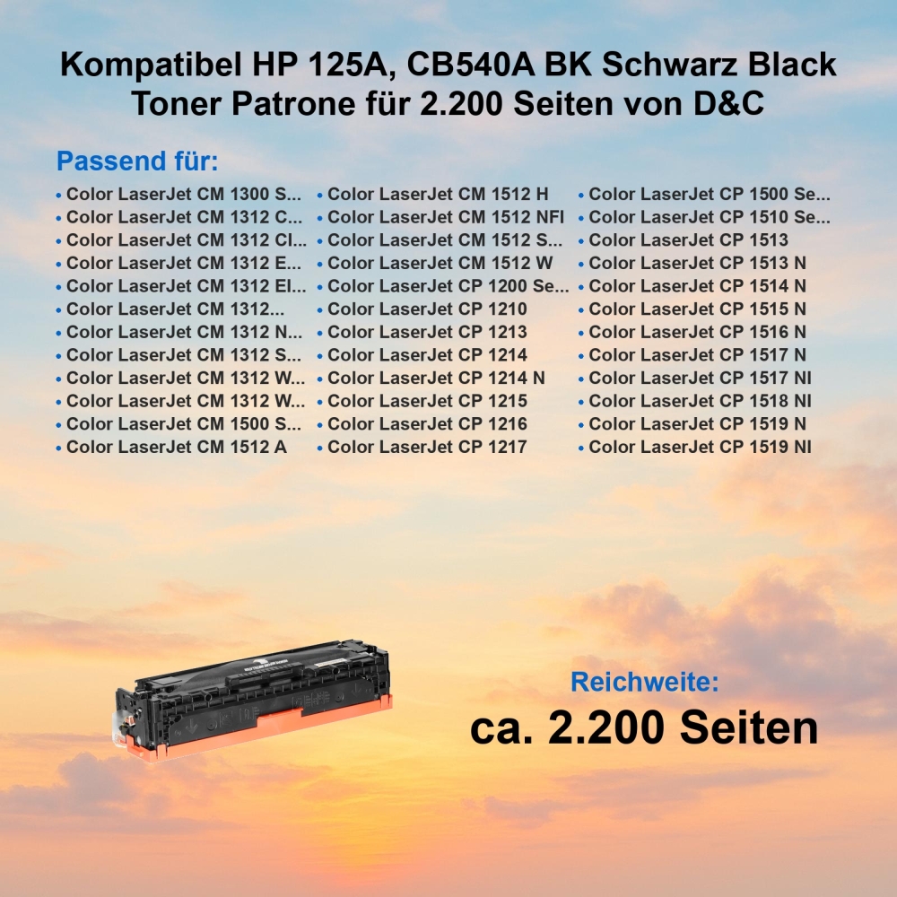 Kompatibel HP 125A, CB540A BK Schwarz Black Toner Patrone für 2.200 Seiten von D&C