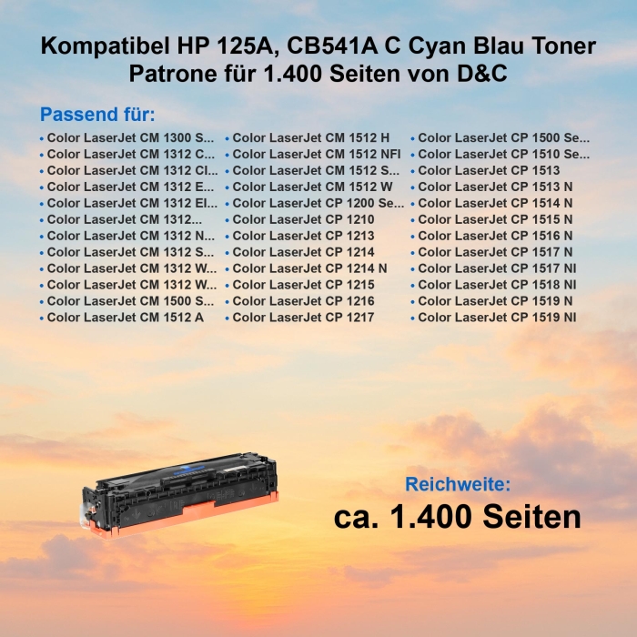 Kompatibel HP 125A, CB541A C Cyan Blau Toner Patrone für 1.400 Seiten von D&C