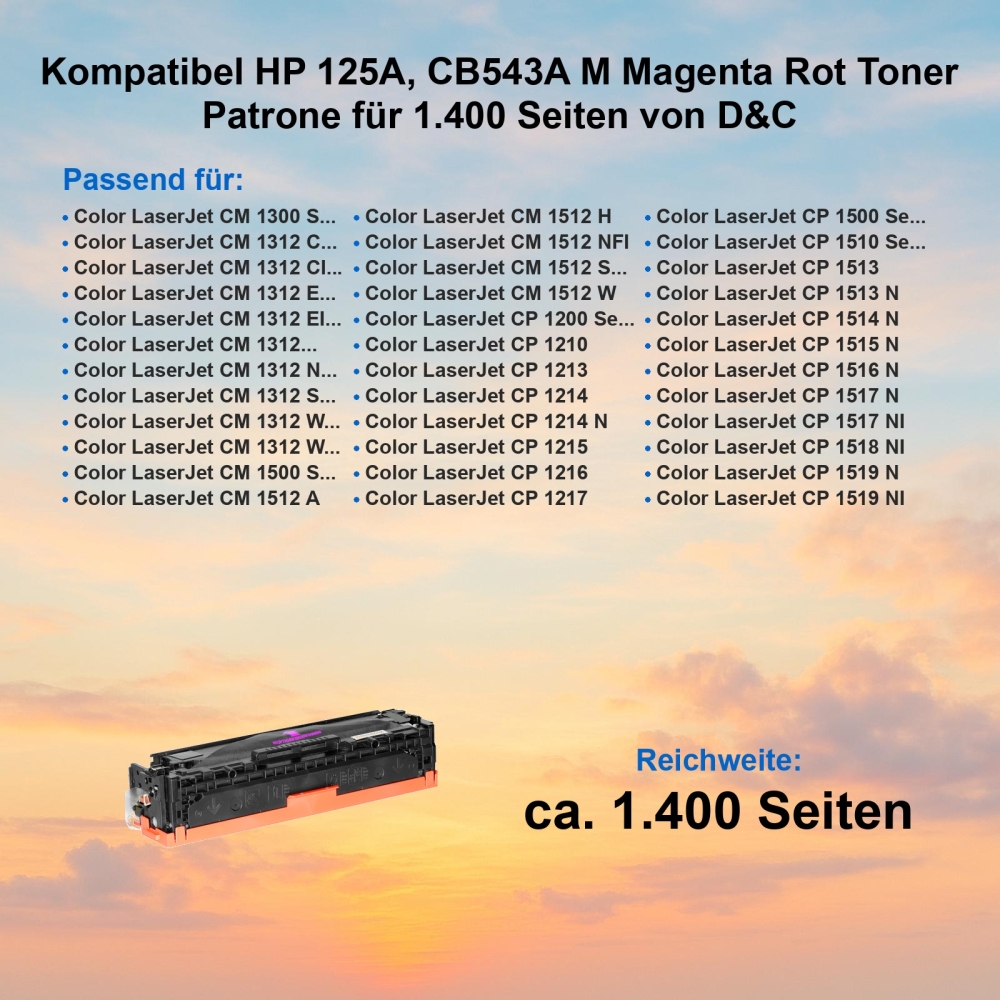Kompatibel HP 125A, CB543A M Magenta Rot Toner Patrone für 1.400 Seiten von D&C