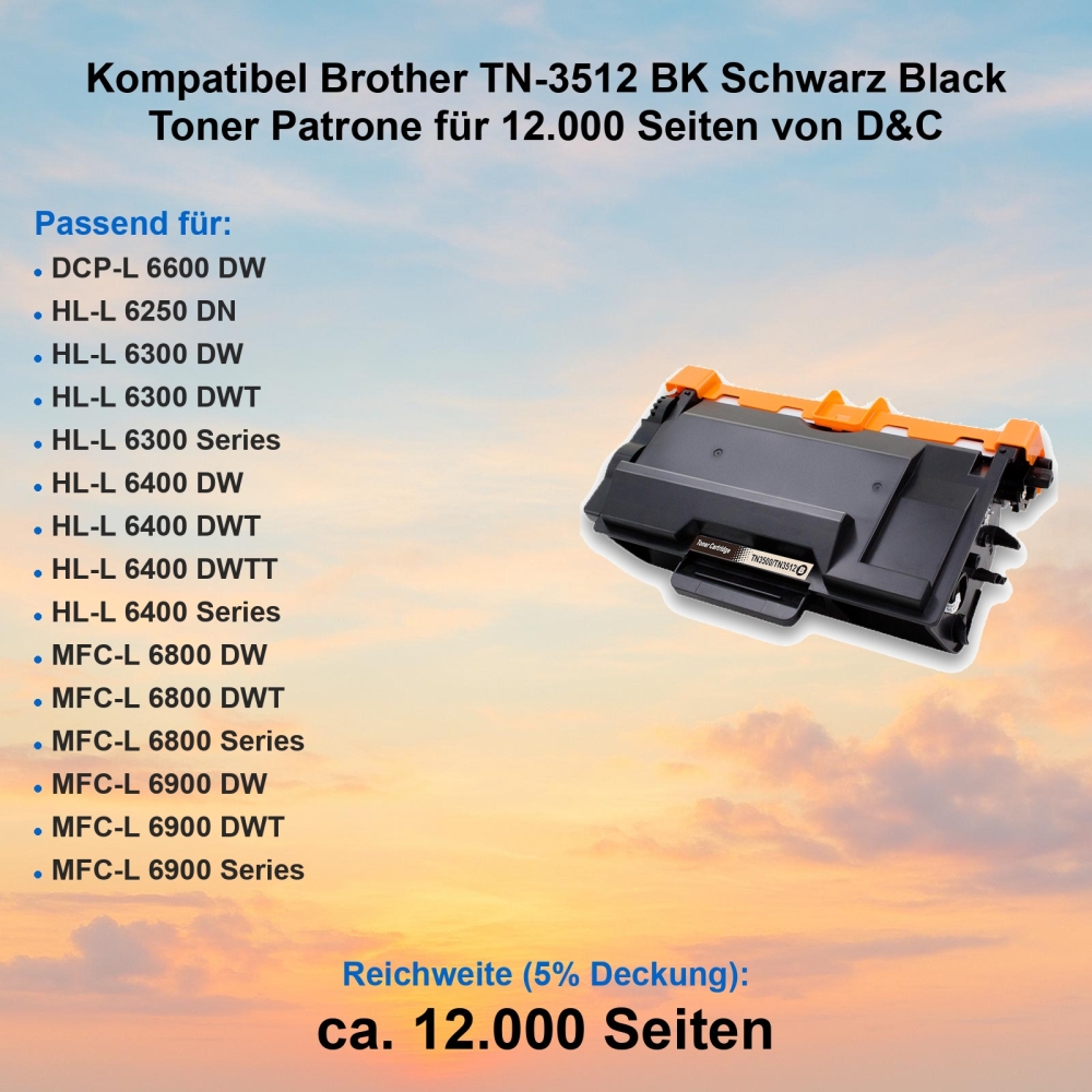 Kompatibel Brother TN-3512 BK Schwarz Black Toner Patrone für 12.000 Seiten von D&C