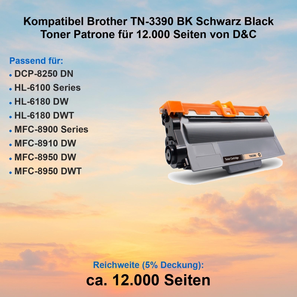 Kompatibel Brother TN-3390 BK Schwarz Black Toner Patrone für 12.000 Seiten von D&C
