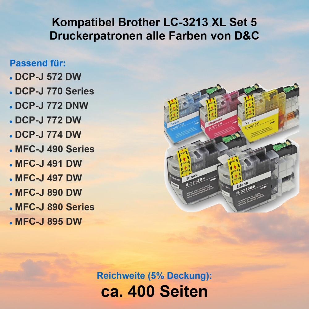Kompatibel Brother LC-3213 XL Set 5 Druckerpatronen alle Farben von D&C