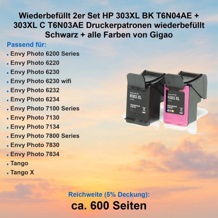 Kompatibel 2er Set HP 303XL BK T6N04AE + 303XL C T6N03AE...