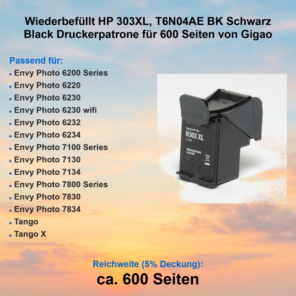 Kompatibel HP 303XL, T6N04AE BK Schwarz Black Druckerpatrone für 600 Seiten von Gigao
