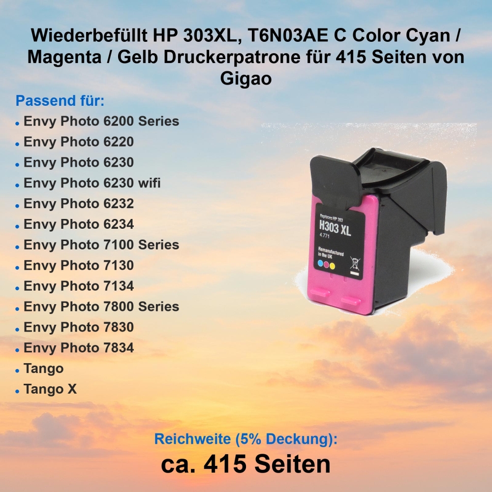 Wiederbefüllt HP 303XL, T6N03AE C Color Cyan / Magenta / Gelb Druckerpatrone für 415 Seiten von Gigao