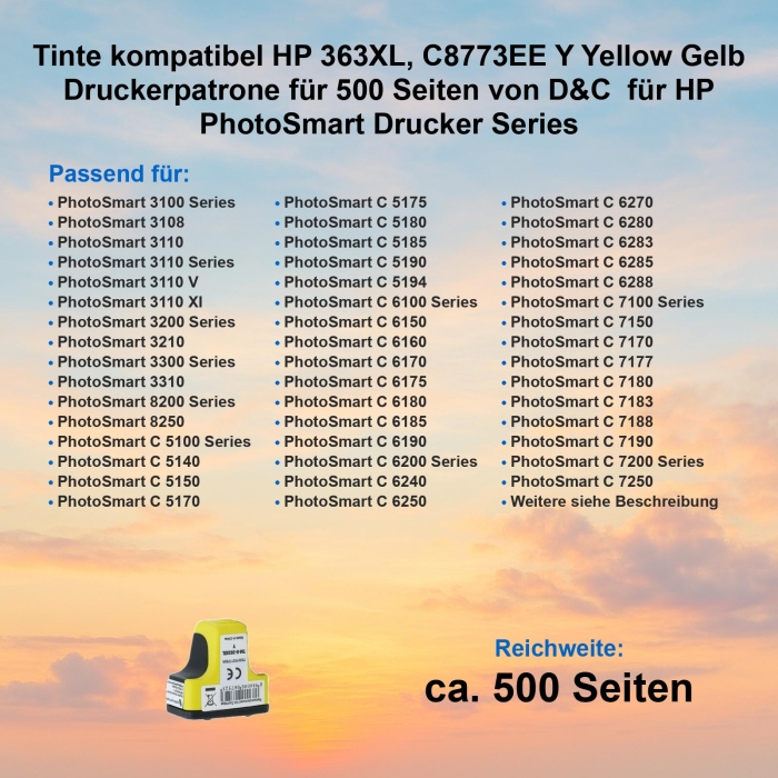 Tinte kompatibel HP 363XL, C8773EE Y Yellow Gelb...