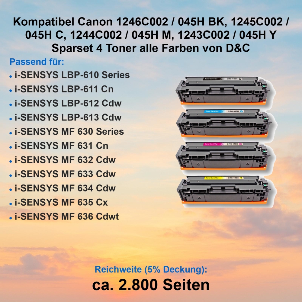 Kompatibel Canon 1246C002 / 045H BK, 1245C002 / 045H C, 1244C002 / 045H M, 1243C002 / 045H Y Sparset 4 Toner alle Farben von D&C