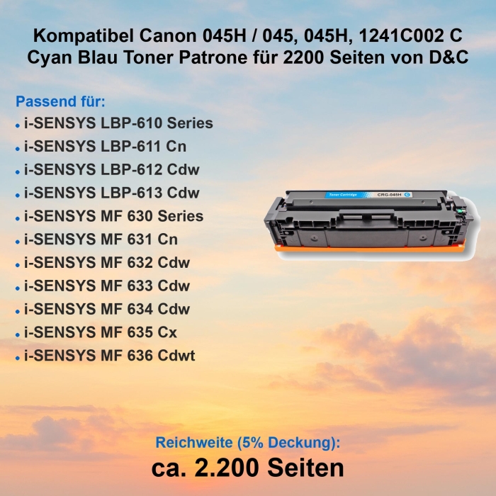 Kompatibel Canon 045H / 045, 045H, 1241C002 C Cyan Blau...