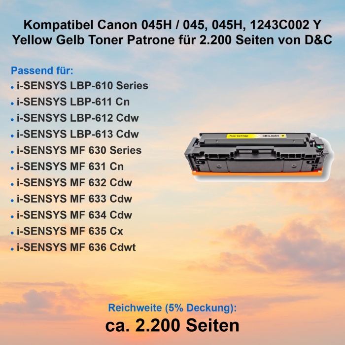 Kompatibel Canon 045H / 045, 045H, 1243C002 Y Yellow Gelb...