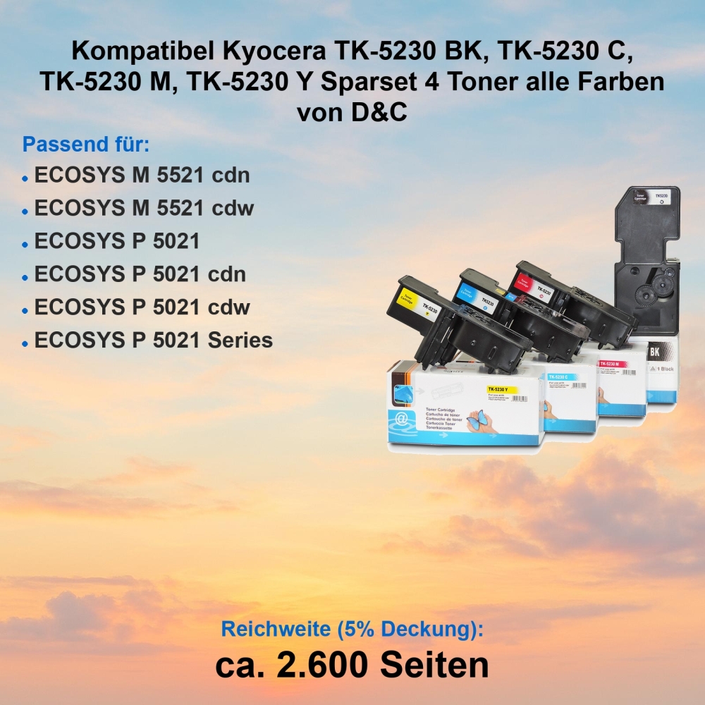 Kompatibel Kyocera TK-5230 BK, TK-5230 C, TK-5230 M, TK-5230 Y Sparset 4 Toner alle Farben von D&C