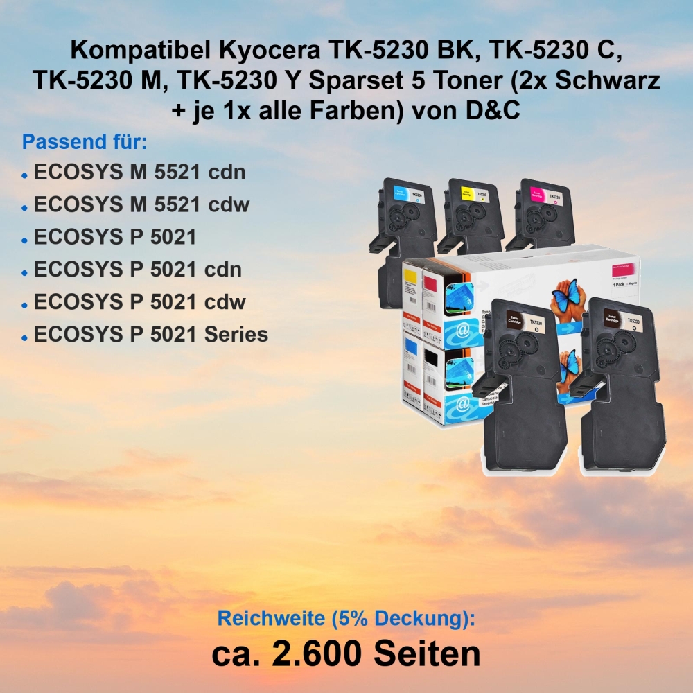 Kompatibel Kyocera TK-5230 BK, TK-5230 C, TK-5230 M, TK-5230 Y Sparset 5 Toner (2x Schwarz + je 1x alle Farben) von D&C