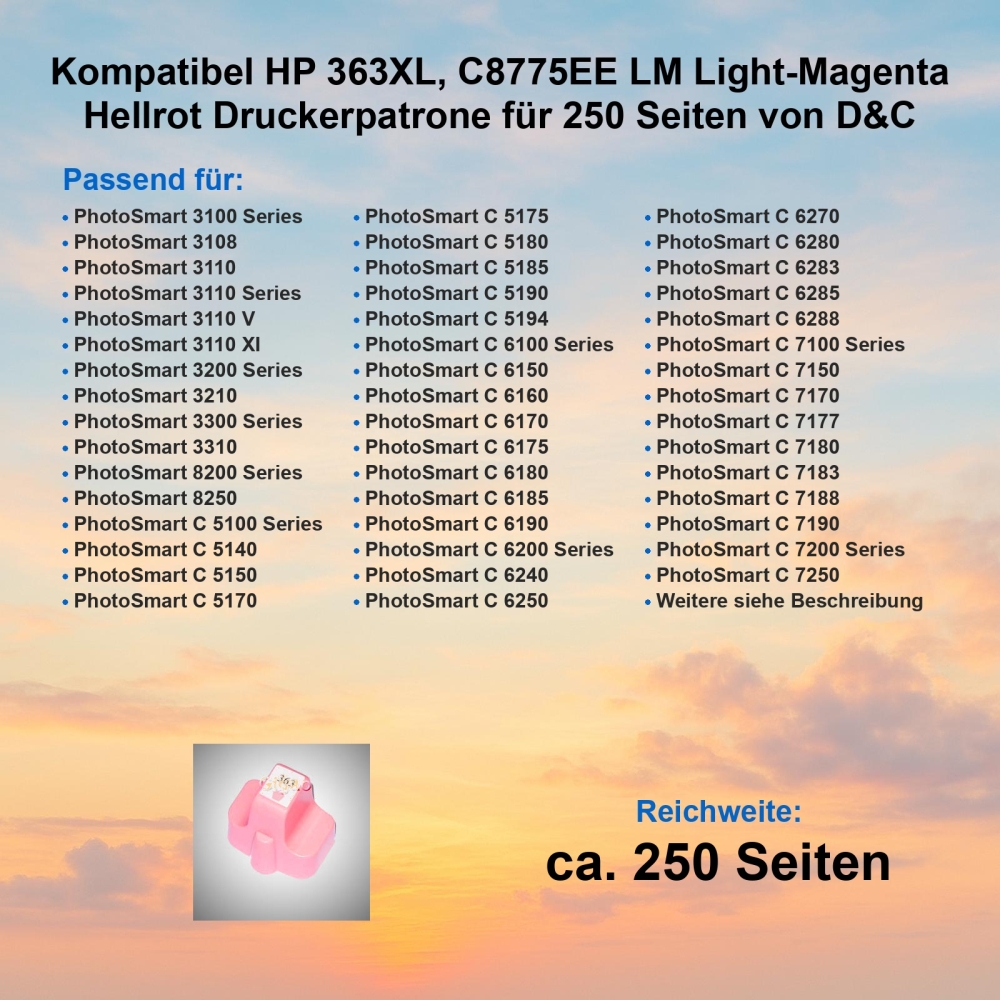 Kompatibel HP 363XL, C8775EE LM Light-Magenta Hellrot Druckerpatrone für 250 Seiten von D&C