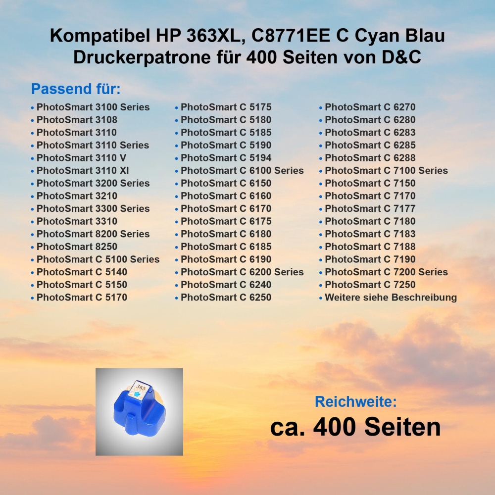 Kompatibel HP 363XL, C8771EE C Cyan Blau Druckerpatrone für 400 Seiten von D&C
