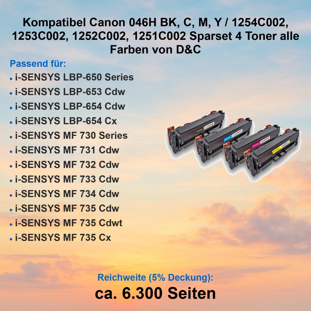 Kompatibel Canon 046H BK, C, M, Y / 1254C002, 1253C002, 1252C002, 1251C002 Sparset 4 Toner alle Farben von D&C