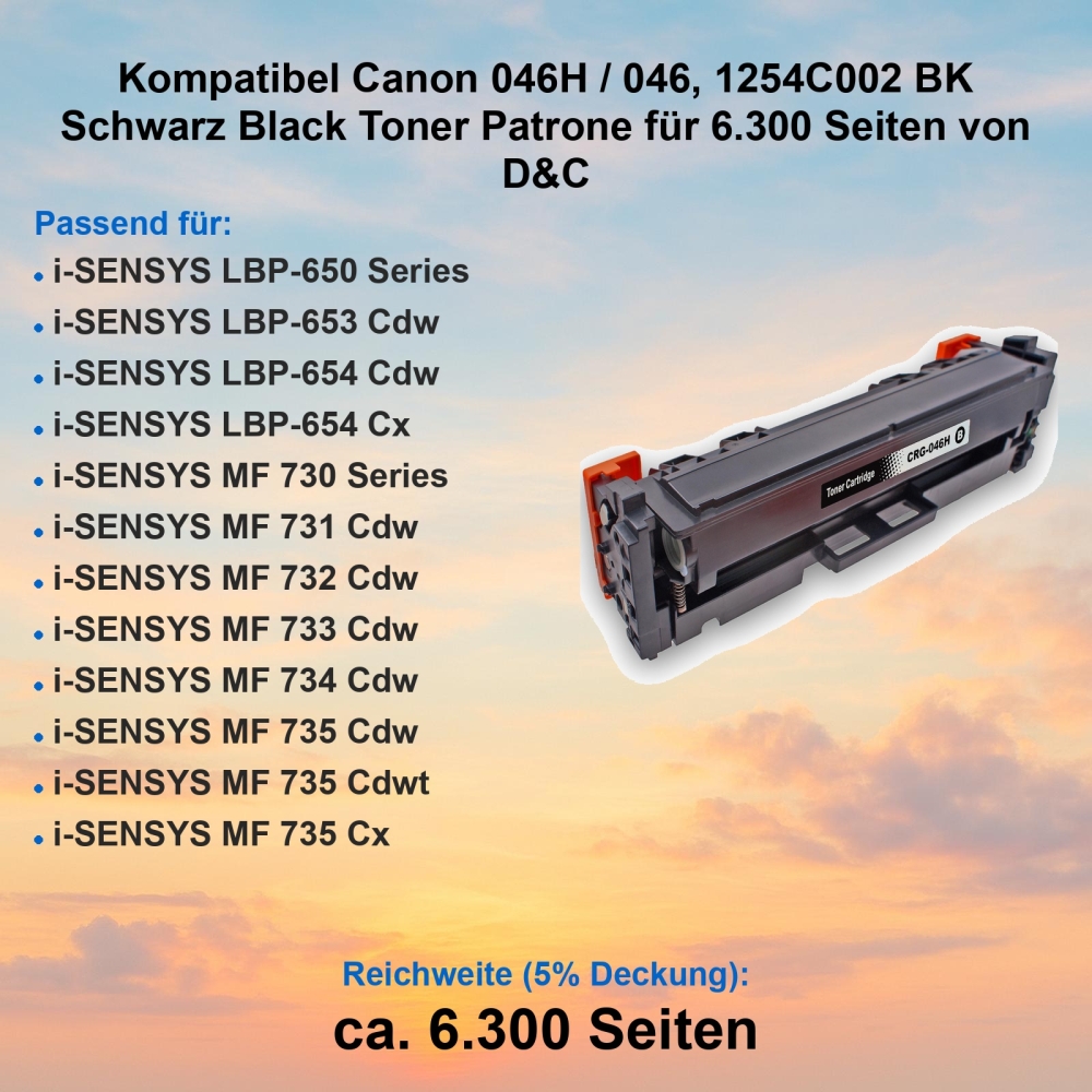 Kompatibel Canon 046H / 046, 1254C002 BK Schwarz Black Toner Patrone für 6.300 Seiten von D&C