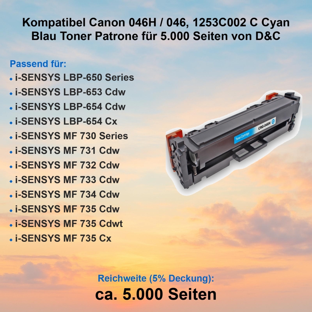 Kompatibel Canon 046H / 046, 1253C002 C Cyan Blau Toner Patrone für 5.000 Seiten von D&C