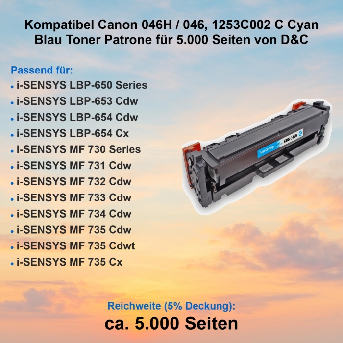 Kompatibel Canon 046H / 046, 1253C002 C Cyan Blau Toner...