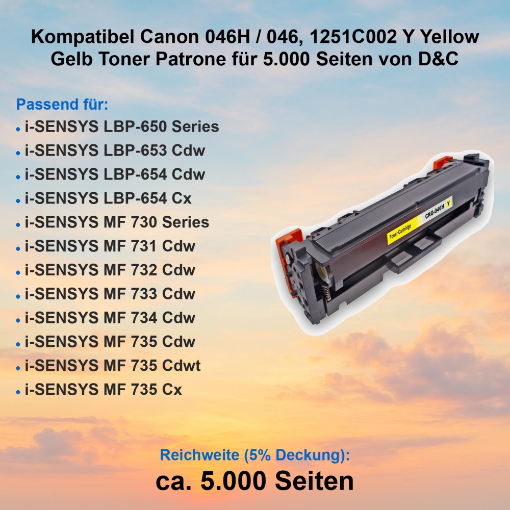 Kompatibel Canon 046H / 046, 1251C002 Y Yellow Gelb Toner Patrone für 5.000 Seiten von D&C
