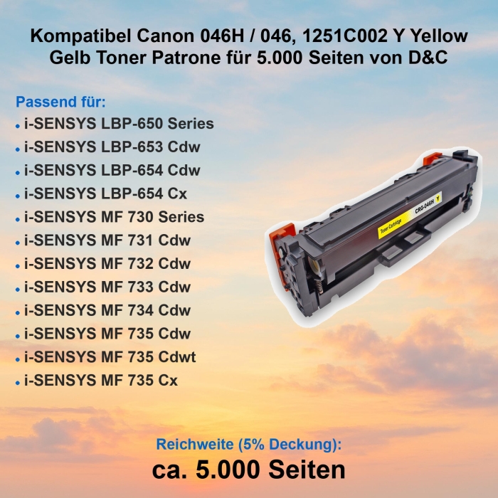 Kompatibel Canon 046H / 046, 1251C002 Y Yellow Gelb Toner...