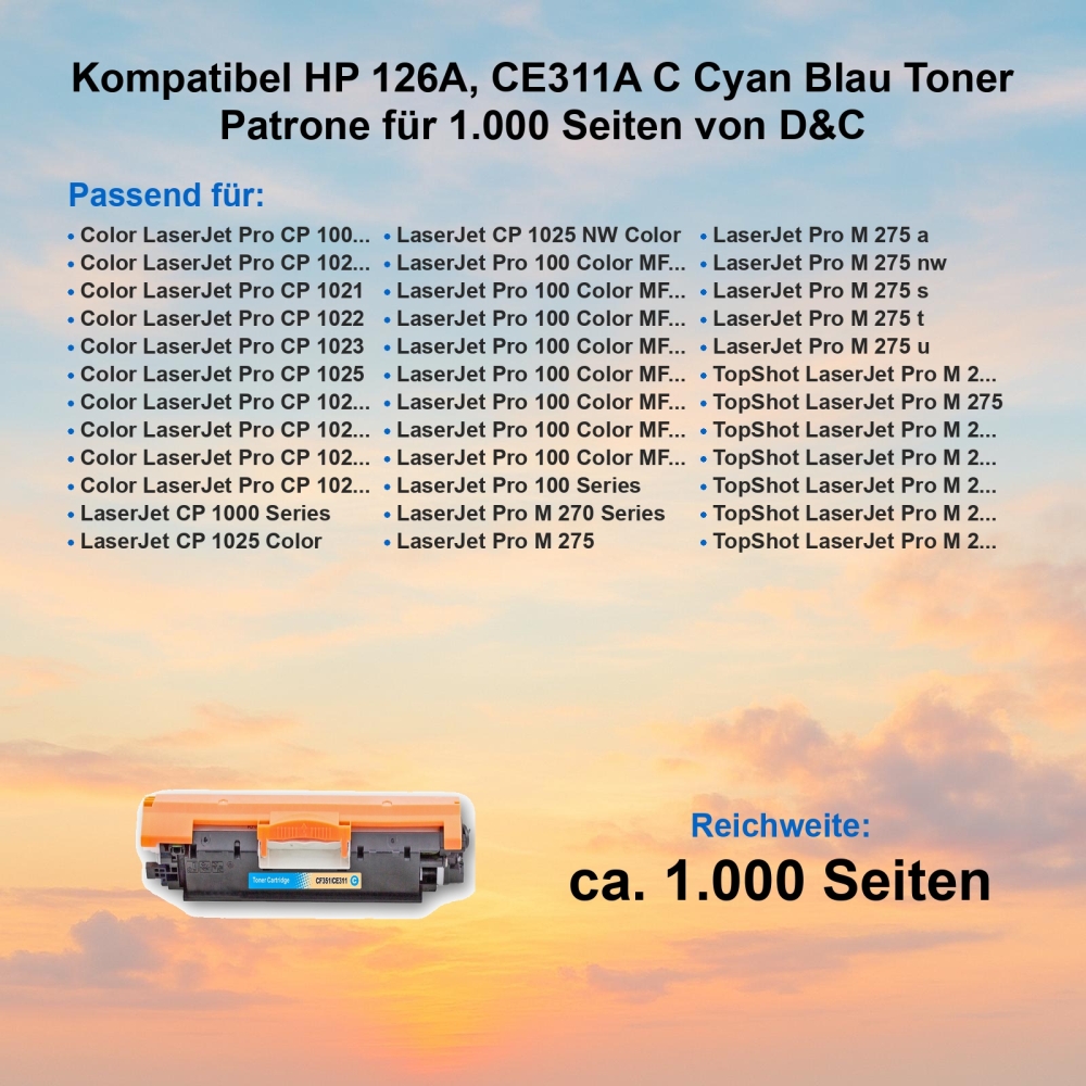 Kompatibel HP 126A, CE311A C Cyan Blau Toner Patrone für 1.000 Seiten von D&C