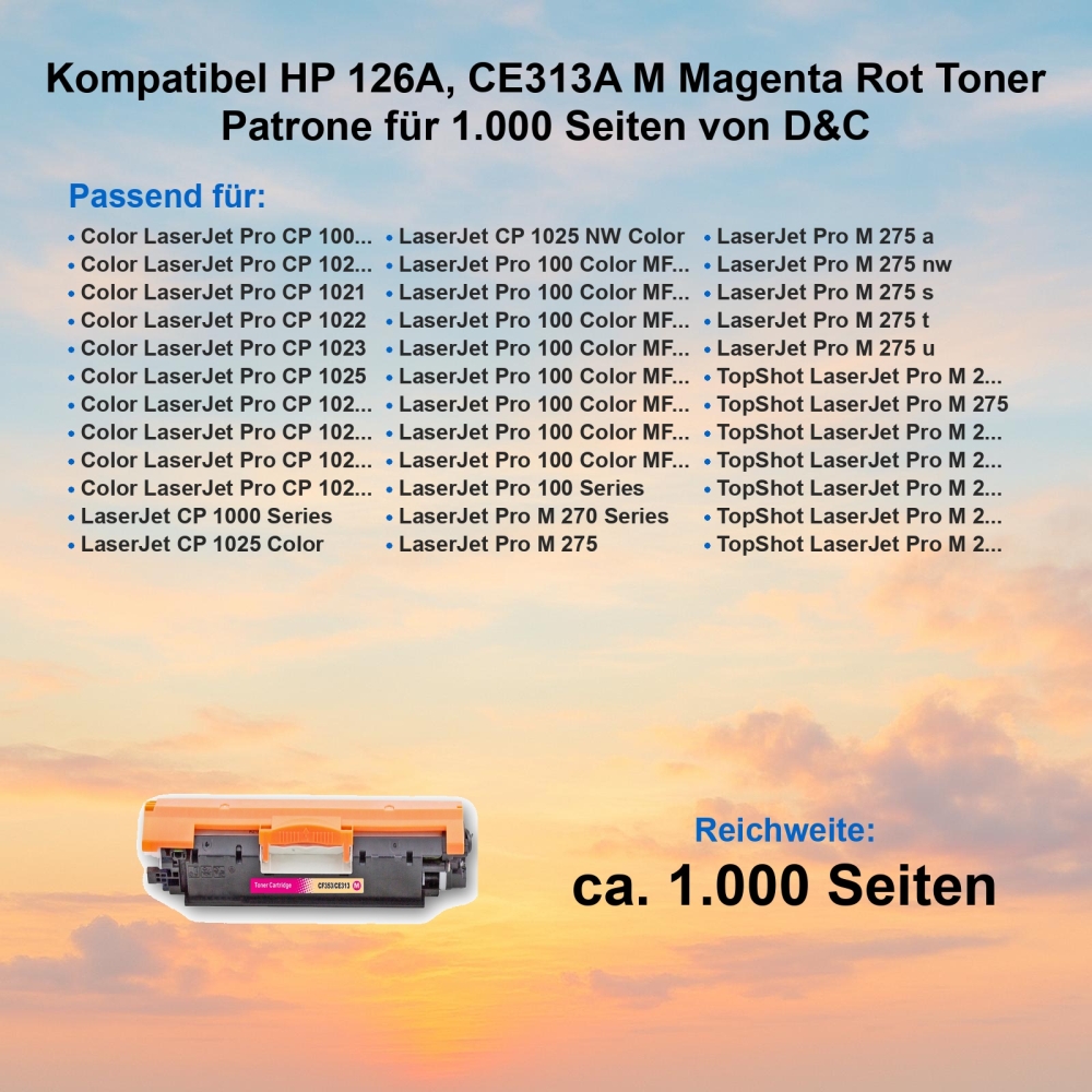 Kompatibel HP 126A, CE313A M Magenta Rot Toner Patrone für 1.000 Seiten von D&C