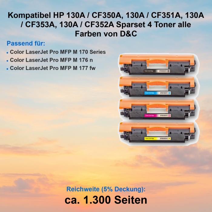 Kompatibel HP 130A / CF350A, 130A / CF351A, 130A / CF353A, 130A / CF352A Sparset 4 Toner alle Farben von D&C