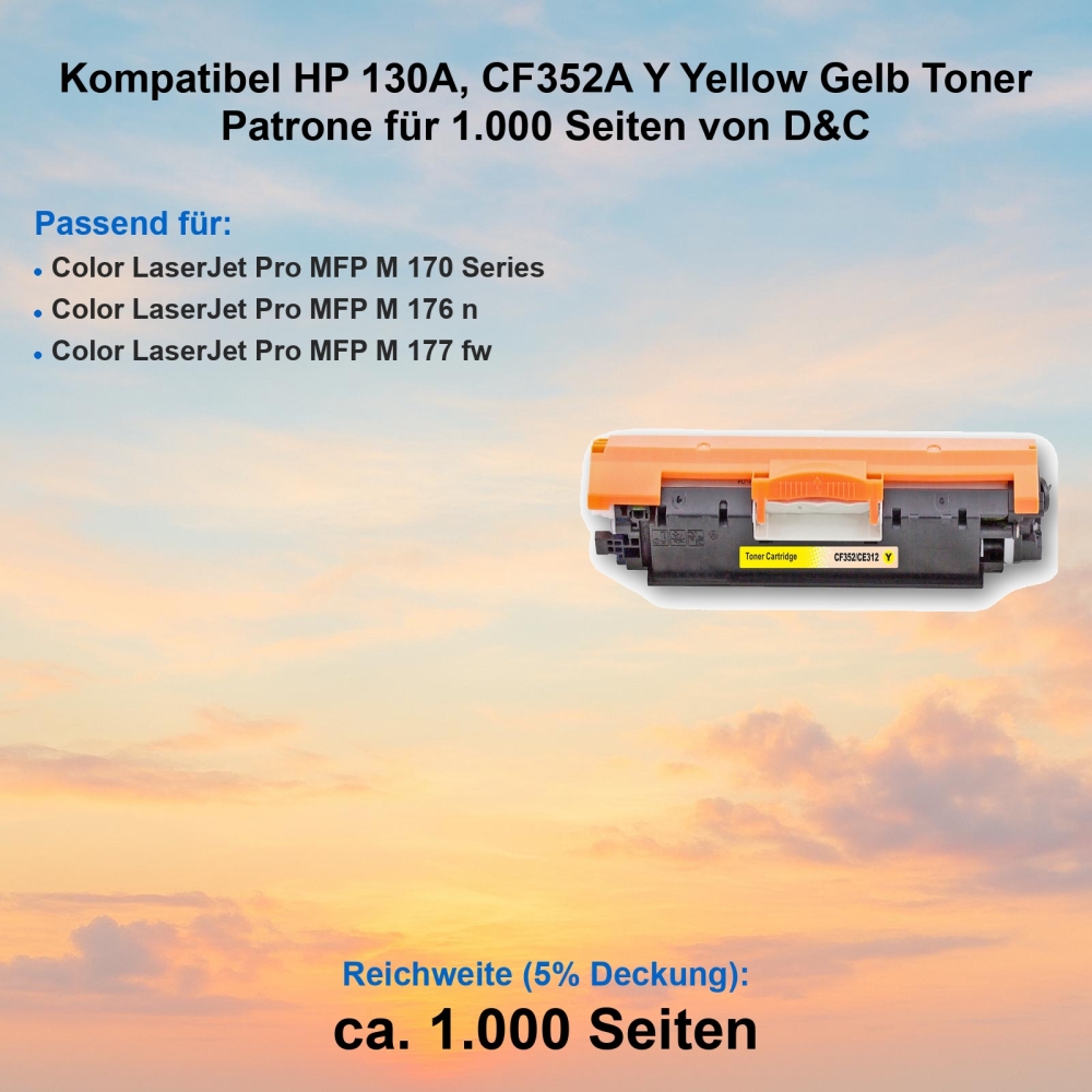Kompatibel HP 130A, CF352A Y Yellow Gelb Toner Patrone für 1.000 Seiten von D&C