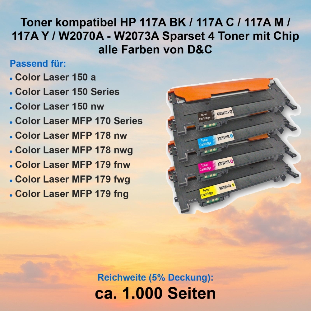 Toner kompatibel HP 117A BK / 117A C / 117A M / 117A Y / W2070A - W2073A Sparset 4 Toner mit Chip alle Farben von D&C