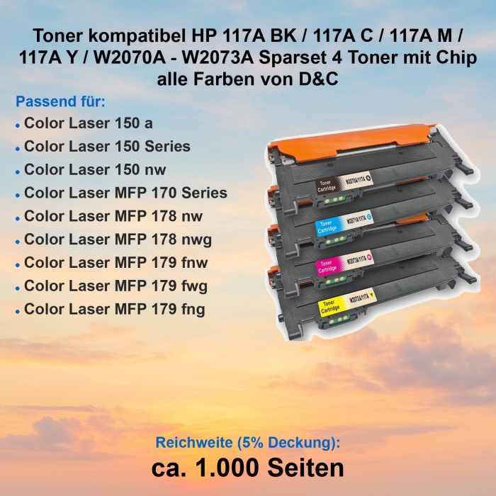 Toner kompatibel HP 117A BK / 117A C / 117A M / 117A Y / W2070A - W2073A Sparset 4 Toner mit Chip alle Farben von D&C