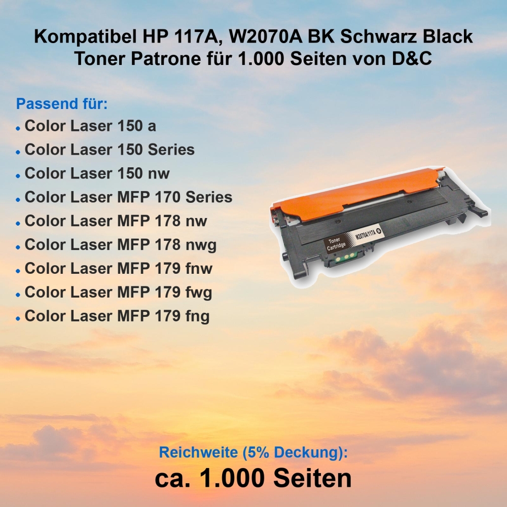 Kompatibel HP 117A, W2070A BK Schwarz Black Toner Patrone für 1.000 Seiten von D&C