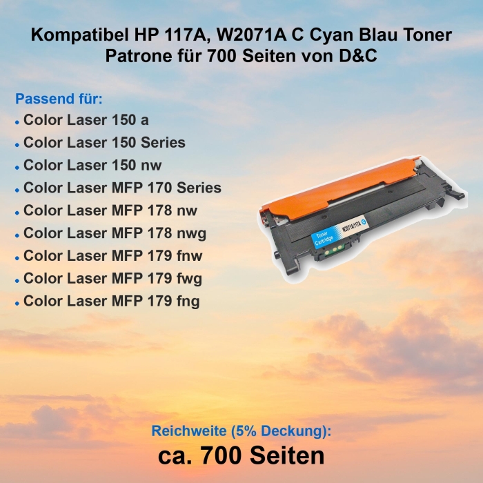 Kompatibel HP 117A, W2071A C Cyan Blau Toner Patrone...